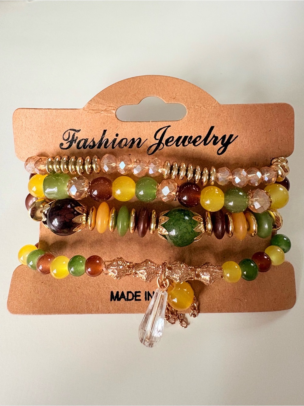 Fashion Jewelry Multi-Stack Beaded Bracelet Set - Green, Yellow, Brown
